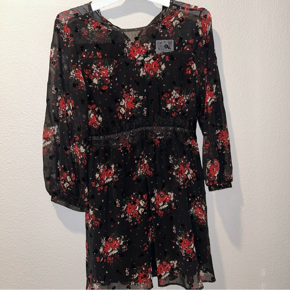 Zara Black Red Floral Sheer Lined Lace Waist Detail  Long Sleeve Dress Size S